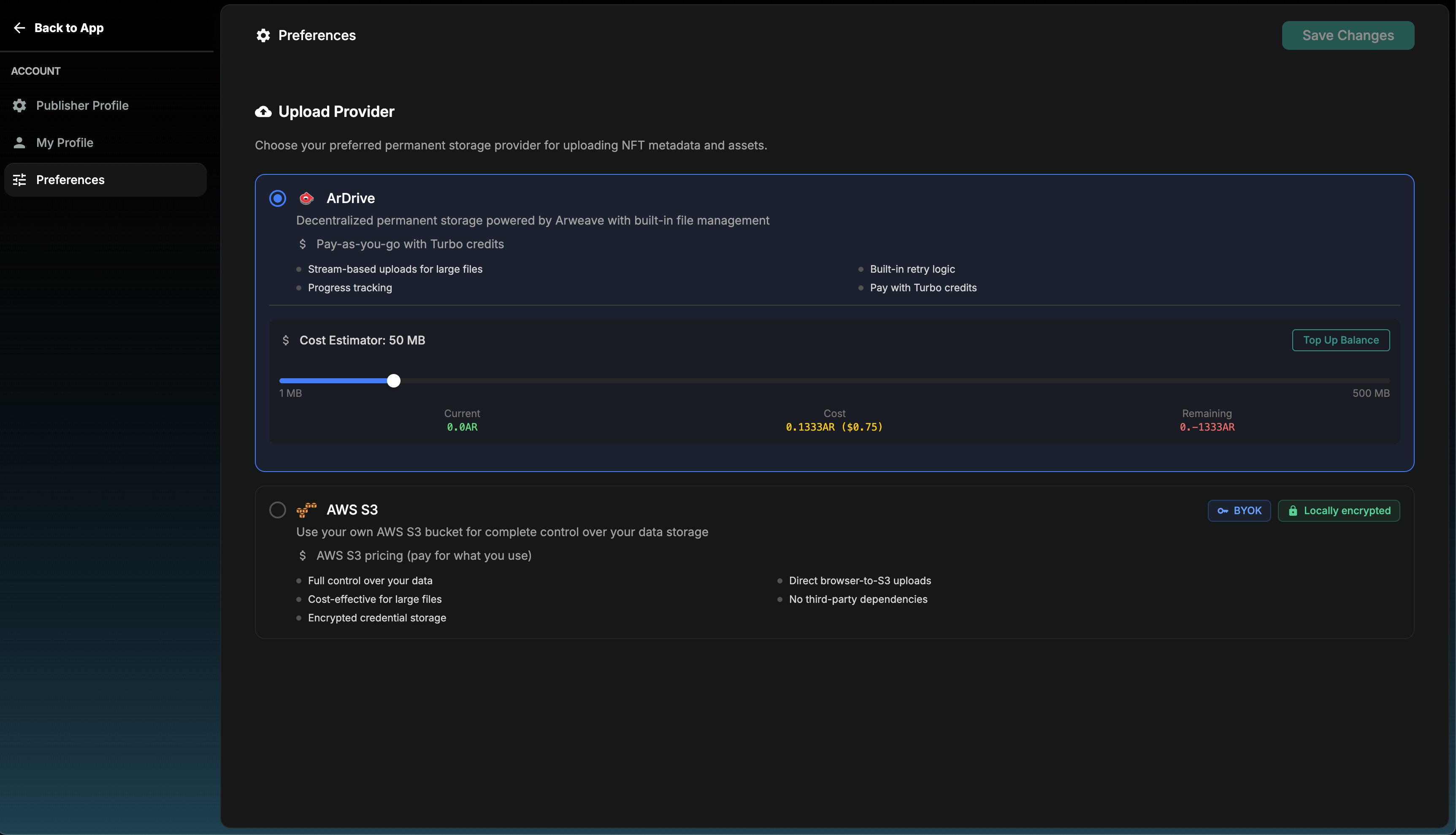 Storage provider selection screenshot